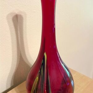 Vintage Vibrant Red Hand Blown Art Glass Vase with Colorful Swirl Patterns